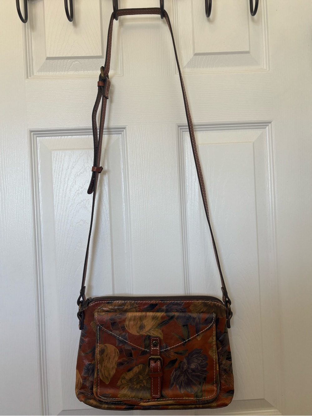 Patricia Nash Floral Brown Leather Crossbody Bag with Buckle Accent